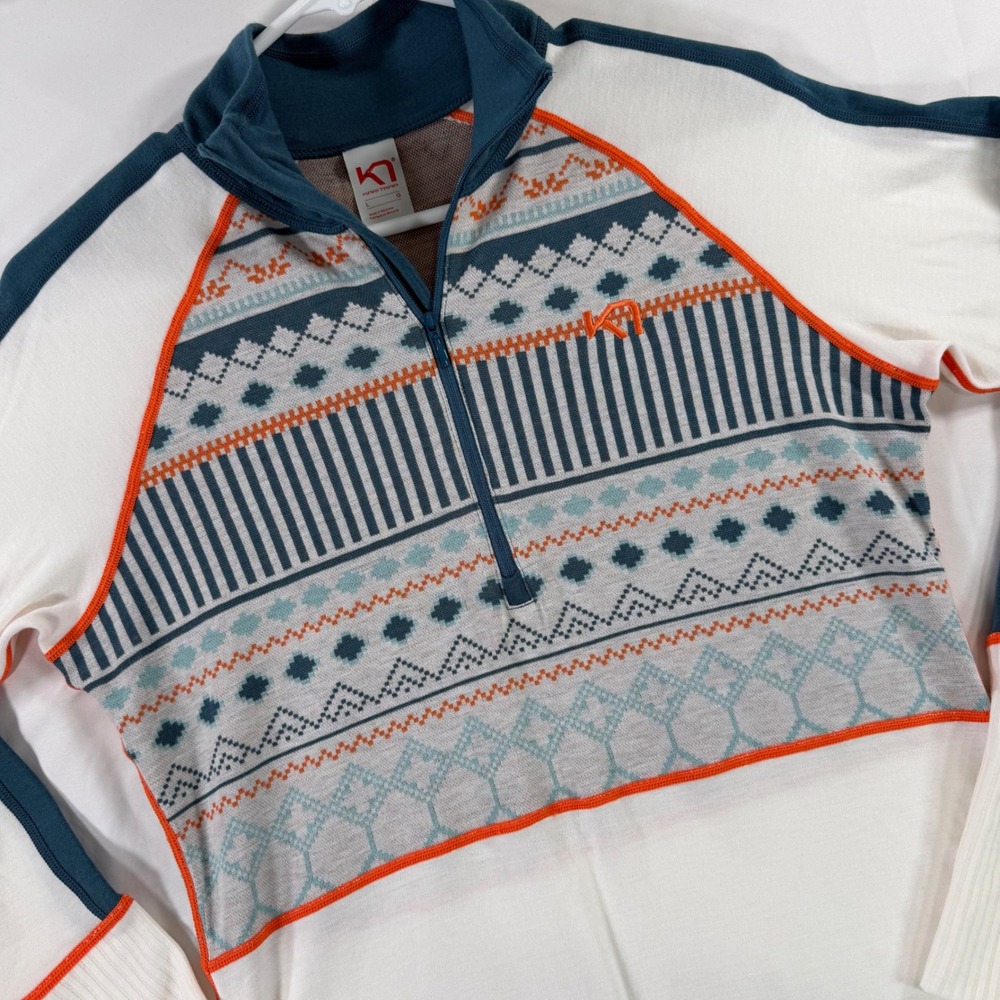 Kari Traa Womens Half Zip Base Layer Top White Fair Isle Wool Blend L